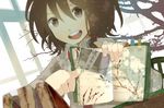  ^_^ ^o^ blurry book bookmark branch brown_eyes brown_hair closed_eyes depth_of_field food holding holding_book necktie open_mouth photo_(object) sandwich short_hair solo teeth tokoroten_(hmmuk) touhou tree usami_renko window 