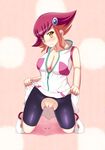  1girl bike_shorts blush female highres kouzuki_anna latex miniskirt no_panties nurumoji pussy red_hair skin_tight skirt skirt_lift solo yu-gi-oh! yuu-gi-ou_zexal 