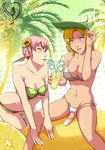  2girls animeflux bikini blonde_hair blue_eyes breasts cleavage cock_sleeve covered_nipples drink erect_nipples flower food fruit futanari green_eyes hair_flower hair_ornament hat juice large_breasts multiple_girls orange original penis pink_hair short_hair sunflower swimsuit 