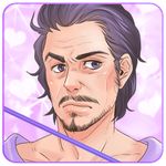  beard black_hair bohe crossdressing facial_hair frown heart icon inoue_haruka lips lowres magical_girl mahou_chuunen_ojimajo_5 male_focus mustache purple purple_background purple_eyes purple_hair solo venture_inoue whip 