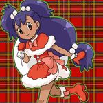  1girl blue_hair bow brown_eyes christmas costume dark_skin ears gloves hair_bow hair_ornament iris_(pokemon) knees kurumi_(forte) long_hair lowres merry_christmas nintendo pokemon pokemon_(game) pokemon_bw santa_costume shoes smile solo 