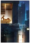  1boy 1girl ass bath bathtub bent_over blinds breasts city cityscape commentary dako6995 doggystyle english_commentary hetero highres lamppost large_breasts long_hair night night_sky open_window original plant rain sex sky skyline text_focus vaginal valentine window 