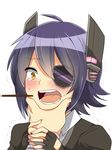  admiral_(kantai_collection) blush commentary eyepatch feeding food force_feeding gloves hand_on_another's_face headgear highres kantai_collection ochazuke open_mouth pocky purple_hair short_hair solo_focus tears tenryuu_(kantai_collection) trembling yellow_eyes 