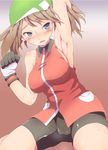  1girl :d alternate_costume arm_up armpit armpits bandanna bare_shoulders bike_shorts blue_eyes blush breasts brown_hair ears gloves haruka_(pokemon) haruka_(pokemon_emerald) hat hips legs nintendo open_mouth poke_ball pokemon pokemon_(game) pokemon_oras pokemon_rse rei_oe shiny shiny_skin short_hair skirt smile solo spats sweat sweatdrop tongue twintails wide_hips 