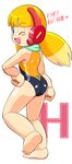  ;) ass bad_id bad_pixiv_id barefoot blue_eyes blush_stickers call_(mighty_no._9) call_h character_name hand_on_hip highres looking_back mighty_no._9 multicolored_hair one-piece_swimsuit one_eye_closed open_mouth pepipopo robot_ears robot_joints scarf smile soles solo swimsuit toes translation_request twintails two-tone_hair 