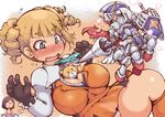  beargguy_iii between_breasts black_gloves blonde_hair blush breasts brown_hair cape cleavage cravat dress drill_hair full-face_blush glasses gloves gundam gundam_build_fighters hairband ibukichi kneehighs knight_gundam kousaka_china lance large_breasts lightning_bolt looking_back looking_down multiple_girls open_mouth panties pink_panties polearm quad_drills shield short_hair sweat tears underwear wavy_mouth weapon yajima_caroline 