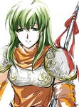  armor armored_dress breastplate fire_emblem fire_emblem:_monshou_no_nazo green_eyes green_hair headband looking_at_viewer paola polearm simple_background smile solo spear weapon white_background yui_(karina-yui) 
