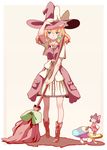  adapted_costume blonde_hair blue_eyes boots bow braid broom character_doll cross-laced_footwear full_body hair_bow hakurei_reimu hand_on_headwear hat kirisame_marisa lace-up_boots leo_hariyoru long_hair minigirl mushroom pocket side_braid simple_background smile solo standing touhou witch_hat 