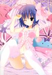  ;) ;o absurdres arm_up bare_shoulders bed blue_hair blush bow bow_panties cameltoe camisole cat_tail character_request curtains dress garter_straps hair_bow heart highres inugami_kira looking_at_viewer navel one_eye_closed open_mouth panties pillow pink_bow pink_dress purple_bow purple_eyes short_hair sitting smile star star_print stuffed_animal stuffed_toy tail thighhighs underwear white_legwear white_panties 