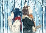  2girls animal_ears blue_eyes blue_hair brown_hair catgirl gloves green_eyes kimura_(ykimu) long_hair original scarf snow tree winter 