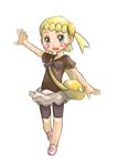  1girl bag blonde_hair blush child eureka_(pokemon) handbag legs miniskirt nintendo pokemon pokemon_(anime) pokemon_(game) pokemon_xy purse shoes short_hair side_ponytail skirt smile 