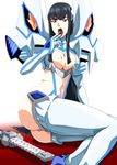  armor back-seamed_legwear black_hair blood blue_eyes breasts cleavage feet_out_of_frame fugakuhyakkei gloves gradient gradient_background junketsu kill_la_kill kiryuuin_satsuki large_breasts licking long_hair open_mouth red_background revealing_clothes seamed_legwear sitting solo sword thighhighs weapon white_background white_legwear 