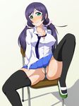  1girl black_legwear blue_eyes blush breasts chair covered_nipples erect_nipples highres large_breasts legs long_hair looking_at_viewer love_live!_school_idol_project purple_hair pussy school_uniform simple_background sitting skirt smile solo spread_legs thighs thong toujou_nozomi twintails white_background 