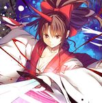  bow breasts brown_hair cleavage collarbone culter cup hair_bow horn japanese_clothes katana kimono konngara long_sleeves looking_at_viewer medium_breasts ponytail red_eyes sakazuki smile solo sword touhou touhou_(pc-98) weapon wide_sleeves 