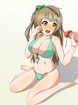  1girl bare_shoulders barefoot bikini blush breasts brown_hair censored cleavage feet hair_ribbon handjob happy highres large_breasts legs long_hair looking_away love_live!_school_idol_project minami_kotori navel open_mouth penis ribbon simple_background sitting smile swimsuit thighs toes white_background yellow_eyes 
