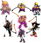  absurdres aura beads big_nose chimerism crossover dark_skin dark_skinned_male facial_hair fingerless_gloves fusion gloves gouki greenmarine hat hexafusion highres mario_(series) multiple_boys multiple_crossover muscle mustache no_pupils prayer_beads red_eyes shadow_the_hedgehog shadow_the_hedgehog_(game) shirtless sonic_the_hedgehog street_fighter super_mario_bros. wario 