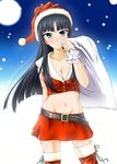  belt black_hair blue_eyes blush breasts christmas cleavage diesel-turbo hat long_hair medium_breasts midriff navel parted_lips sack santa_costume santa_hat skirt snow solo stomach thighhighs touma_kazusa white_album_2 zettai_ryouiki 