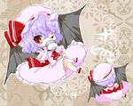  bat_wings chibi crossed_legs cup drinking fang flying hina-uta lavender_hair looking_at_viewer one_eye_closed remilia_scarlet short_hair sitting teacup touhou wings 