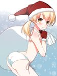  ass bikini blonde_hair christmas commentary_request crossdressing final_fantasy final_fantasy_tactics gloves hat kiriyama_machi long_hair male_focus otoko_no_ko ramza_beoulve red_gloves sack santa_hat side-tie_bikini smile solo swimsuit twintails yellow_eyes 