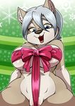  big_breasts blue_eyes bow breasts camel_toe canine female gift grey_hair hair lonbluewolf looking_down luu_(lonbluewolf) mammal markings open_mouth pussy ribbons snowflake solo voluptuous wide_hips wolf 