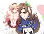  2girls black_legwear blush breasts brown_hair chinpo_buta choker coat compa eyebrows_visible_through_hair green_eyes hair_ornament hairband if_(neptune_series) large_breasts long_hair looking_at_viewer multiple_girls neptune_(series) nipples on_bed one_eye_closed pink_eyes pink_hair plaid plaid_skirt sitting sitting_on_bed skirt small_breasts smile topless 