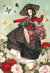  brown_hair bug butterfly drum flower hanbok insect instrument korean_clothes nayoung_wooh peony_(flower) realistic solo 