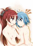  2girls anthony_(madoka_magica) blue_eyes blue_hair bow breasts chin_grab fang hair_bow hair_ornament hairclip halftone halftone_background hand_on_another's_hip heart long_hair mahou_shoujo_madoka_magica medium_breasts miki_sayaka mpon multiple_girls nipples nude one_eye_closed open_mouth ponytail red_eyes red_hair sakura_kyouko short_hair smile wings yuri 