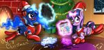  blue_eyes blue_fur blue_hair blush christmas clothing cutie_mark duo english_text equine female fireplace friendship_is_magic fur gift group hair hat headset holidays horn horse inside lying mammal my_little_pony on_front pony presents princess_luna_(mlp) ps4 purple_eyes santa_hat smile text tree twilight_sparkle_(mlp) winged_unicorn wings ziemniax 