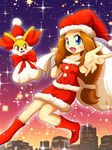  1girl alternate_hair_color bag bare_shoulders blue_eyes bow breasts brown_hair building christmas city costume dress fennekin happy hat highres knees legs long_hair merry_christmas miniskirt necktie night night_sky nintendo open_mouth pokemon pokemon_(anime) pokemon_(game) pokemon_xy santa_costume santa_hat serena_(pokemon) shoes skirt sky small_breasts smile solo star stars tongue wink 
