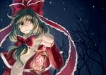  adapted_costume bow candle capelet coat crystal frills front_ponytail green_eyes green_hair hair_bow hair_ribbon kagiyama_hina lantern mittens miyakure ribbon smile snowing solo touhou tree 