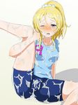  1girl ayase_eli bike_shorts blonde_hair blue_eyes blush breasts cameltoe cum cum_in_mouth cum_on_body cum_on_breasts cum_on_clothes cum_on_hair cum_on_lower_body cum_on_upper_body facial highres large_breasts leg_up legs long_hair looking_at_viewer love_live!_school_idol_project open_mouth ponytail simple_background sitting solo thighs white_background wince 