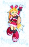  ;) belt blonde_hair boots call_(mighty_no._9) call_f choker christmas gradient_hair green_eyes headphones heart highres knee_boots long_hair merry_christmas mighty_no._9 multicolored_hair one_eye_closed ponytail robot sack santa_costume shoutaro_saito smile solo very_long_hair 