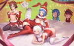  3girls aila_jyrkiainen all_fours animal_ears arm_support artist_name bare_shoulders beret black_legwear blue_eyes blue_hair blush boots breasts brown_eyes brown_hair bunny_ears capelet christmas cleavage detached_collar detached_sleeves elbow_gloves eyewear_on_head glasses gloves gundam gundam_build_fighters hairband hat high_heels highres iori_rinko iori_sei kousaka_china large_breasts long_hair looking_at_viewer mature miniskirt multiple_boys multiple_girls navel over-rim_eyewear panties ral-san red-framed_eyewear red_gloves red_hair red_legwear reiji_(gundam_bf) ryushin santa_hat semi-rimless_eyewear shiny shiny_skin short_hair sitting skirt smile sunglasses thigh_boots thighhighs translated underwear wariza white_hair white_panties zettai_ryouiki 