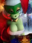  big_breasts breasts christmas cleavage english_text female gift green_skin hat holidays lips necklace nintendo plantpenetrator pok&#233;mon pok&eacute;mon presents red_eyes roserade santa_hat text video_games 