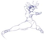  ankle_wrap ass barefoot bouncing_breasts bra breasts bun_cover chun-li cleavage double_bun large_breasts monochrome panties robert_porter sketch smile solo sports_bra street_fighter thick_thighs thighs toes underwear 