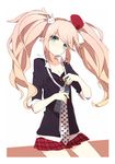  blue_eyes bottle danganronpa danganronpa_1 enoshima_junko freckles ikusaba_mukuro long_hair mondo_pop necktie pink_hair ribbon sleeves_rolled_up solo twintails 