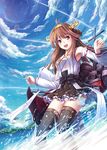  :d ahoge akashio_(loli_ace) bare_shoulders boots brown_hair day detached_sleeves double_bun hair_ornament hairband headgear japanese_clothes kantai_collection kongou_(kantai_collection) long_hair nontraditional_miko open_mouth purple_eyes ribbon-trimmed_sleeves ribbon_trim sky smile solo thigh_boots thighhighs water 