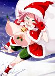  alternate_breast_size bag bike_shorts blush breasts cloud gloves green_eyes green_shorts haruno_sakura hat holding holding_bag huge_breasts leg_up looking_at_viewer naruto naruto_(series) night night_sky nipple_piercing nipples open_mouth piercing pink_hair red_gloves running sack santa_costume santa_hat short_hair shorts sky smile snow snowing solo sunahara_wataru v 