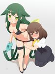  bare_shoulders bikini black_bikini black_legwear blush bow breasts brown_eyes brown_hair frilled_bikini frills gatchaman_crowds green_eyes green_hair hair_bow highres hug ichinose_hajime leg_garter long_hair multiple_girls navel pantyhose ribbon-trimmed_swimsuit ribbon_trim school_uniform short_hair small_breasts smile swimsuit tachimi_(basue) utsutsu very_long_hair watering_can yuri 