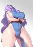 1girl aster_crowley black_gloves blue_dress blush breast_hold breasts camilla_(fire_emblem_if) commentary_request cosplay dress erect_nipples fingerless_gloves fire_emblem fire_emblem_if from_below gloves gluteal_fold gradient gradient_background head_tilt highres large_breasts long_hair looking_at_viewer lyndis_(fire_emblem) nintendo parted_lips pelvic_curtain purple_eyes purple_hair sideboob solo standing thighs very_long_hair wavy_hair 