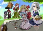  apron arm_up ayuya_naka_no_hito bat_wings blonde_hair blue_dress blue_eyes blue_hair blue_sky book braid breasts chinese_clothes closed_eyes cloud crescent cup day dress flandre_scarlet food fork hat hat_ribbon head_rest head_wings holding_up hong_meiling izayoi_sakuya knife koakuma long_sleeves looking_at_viewer maid maid_headdress medium_breasts mob_cap multiple_girls open_mouth parasol patchouli_knowledge picnic picnic_basket pink_dress plate puffy_sleeves purple_eyes purple_hair red_dress red_eyes red_hair remilia_scarlet ribbon sanoharu shade shirt short_sleeves siblings sideboob silver_hair sisters sitting skirt skirt_set sky smile star teacup touhou twin_braids umbrella vest viewfinder waist_apron wide_sleeves wings wrist_cuffs 