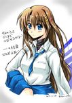  alternate_hair_length alternate_hairstyle blue_eyes blush brown_hair hair_ornament hair_ribbon jacket jacket_removed long_hair lyrical_nanoha mahou_senki_lyrical_nanoha_force military military_uniform necktie ribbon san-pon sketch solo translation_request tsab_naval_military_uniform uniform x_hair_ornament yagami_hayate 