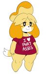  &lt;3 animal_crossing anthro blush canine clothing dog female floppy_ears hair isabelle_(animal_crossing) looking_at_viewer mammal nintendo shih_tzu shirt short_stack smile solo sssonic2 text video_games 