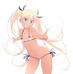  baka_gaki bikini blonde_hair flat_chest green_eyes grin hair_ribbon long_hair lowleg lowleg_bikini micro_bikini navel original pointing ribbon side-tie_bikini smile solo swimsuit twintails very_long_hair 