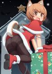  animal_ears ass black_legwear blush boots box brown_eyes brown_hair christmas collar crotch_seam dog_ears dog_tail doghouse fang gift gift_box gloves highres leash looking_at_viewer open_mouth original panties panties_under_pantyhose pantyhose red_gloves santa_costume short_hair snow snowing solo tachimi_(basue) tail thighband_pantyhose underwear 