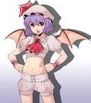  bat_wings blush flat_chest hands_on_hips hat highres midriff navel open_mouth puffy_short_sleeves puffy_sleeves purple_hair red_eyes remilia_scarlet short_hair short_sleeves shorts solo spike_wible touhou wings wrist_cuffs 