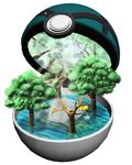  gen_1_pokemon hand_net net net_ball no_humans pikachu poke_ball pokemon pokemon_(creature) ruun_(abcdeffff) silk spider_web tree water 