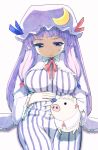  1girl anger_vein annoyed blue_ribbon chinese_zodiac collared_dress commentary_request cosplay crescent hat hat_ribbon long_hair long_sleeves looking_down on_lap patchouli_knowledge patchouli_knowledge_(cosplay) pig purple_eyes purple_hair red_neckwear red_ribbon ribbon shaded_face shirt sitting striped tail_wagging tani_takeshi touhou vertical_stripes very_long_hair wide_sleeves year_of_the_pig 