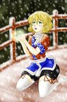  blonde_hair blurry bridge crying depth_of_field dress fingernails glowing green_eyes hands_up layered_dress looking_up mizuhashi_parsee no_shoes open_mouth pointy_ears railing scarf short_hair short_sleeves sitting snowing solo streaming_tears tears thighhighs touhou wariza yuzuzen 