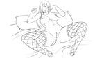  anus blush breasts breasts_apart fishnet_legwear fishnets greyscale highres hime_cut hyuuga_hinata large_breasts lineart lips lm_(legoman) long_hair monochrome naruto_(series) naruto_shippuuden nude on_bed pillow pussy solo spread_legs thick_thighs thighhighs thighs toeless_legwear 